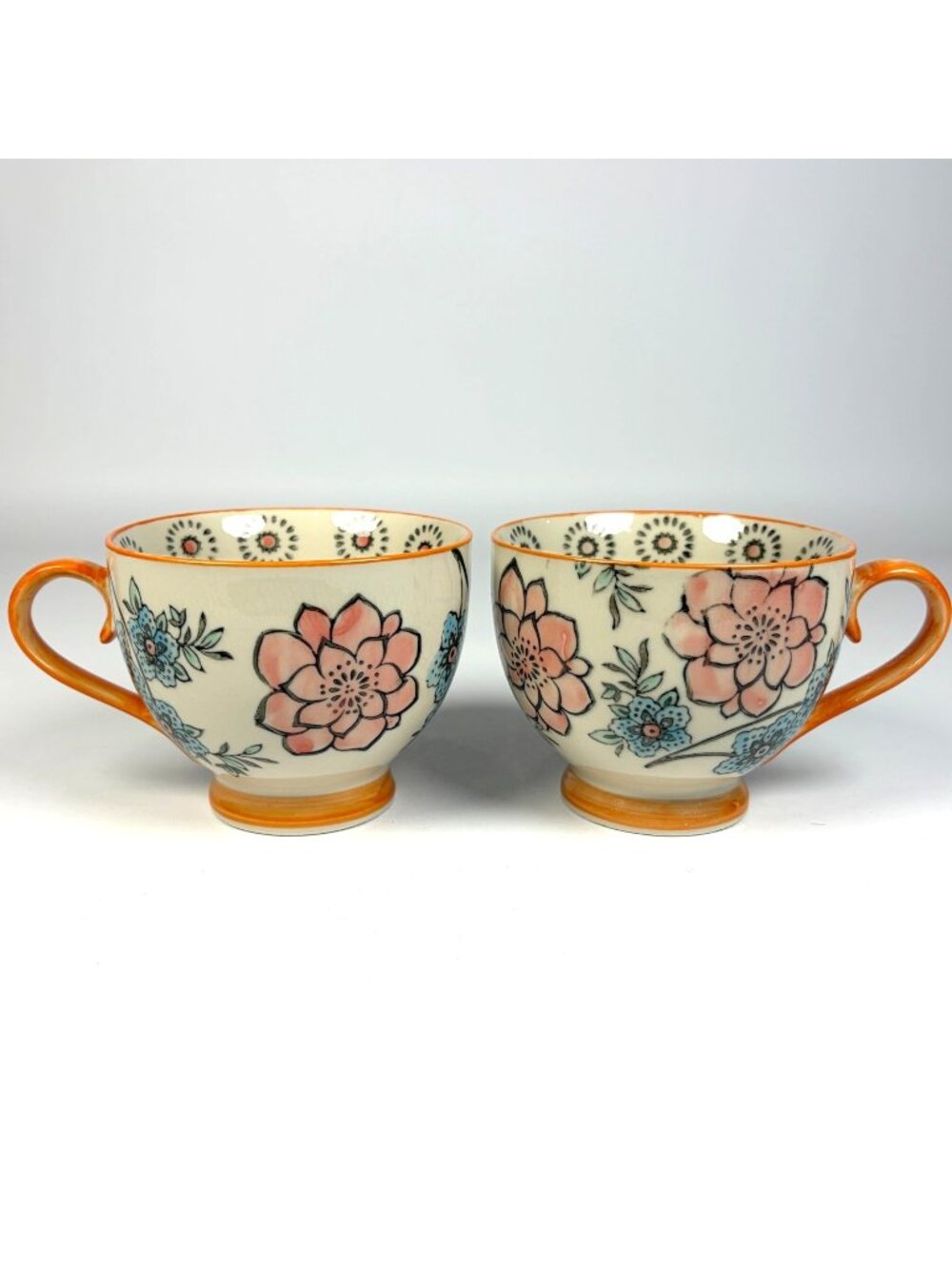 Set of 2 Dutch Wax Hand Painted Ceramic Floral Mugs Pedestal Boho Cottagecore